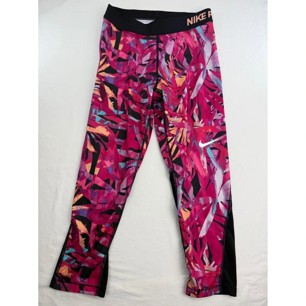 Nike Pro Dri-FIT Womens Tropical Palm Print Cropped Leggings Pink Purple Medium